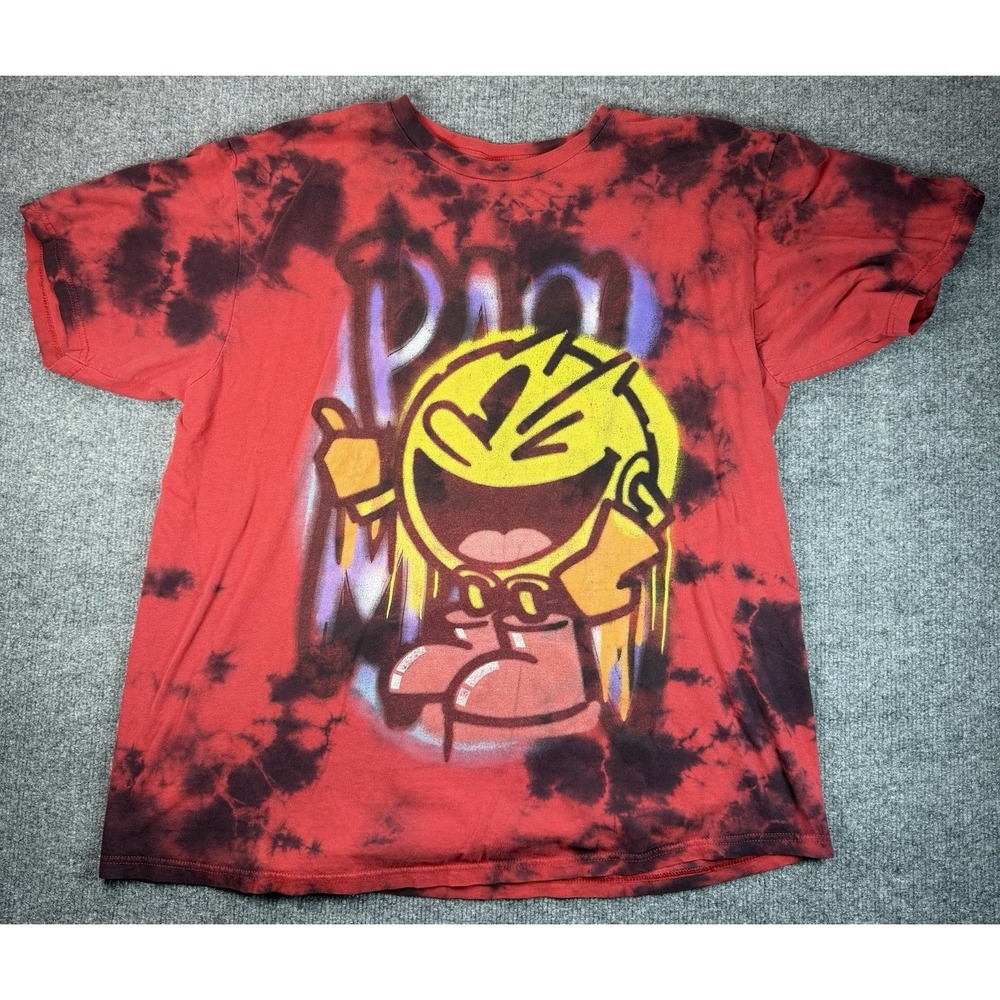 Pac-Man Tie Dye Graphic T‎ Shirt Mens XL Red Black Bandai Namco Streetwear Tee